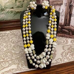 Japan White & Yellow Glass Beaded Triple Layered Bib Necklace w/clip on earrings